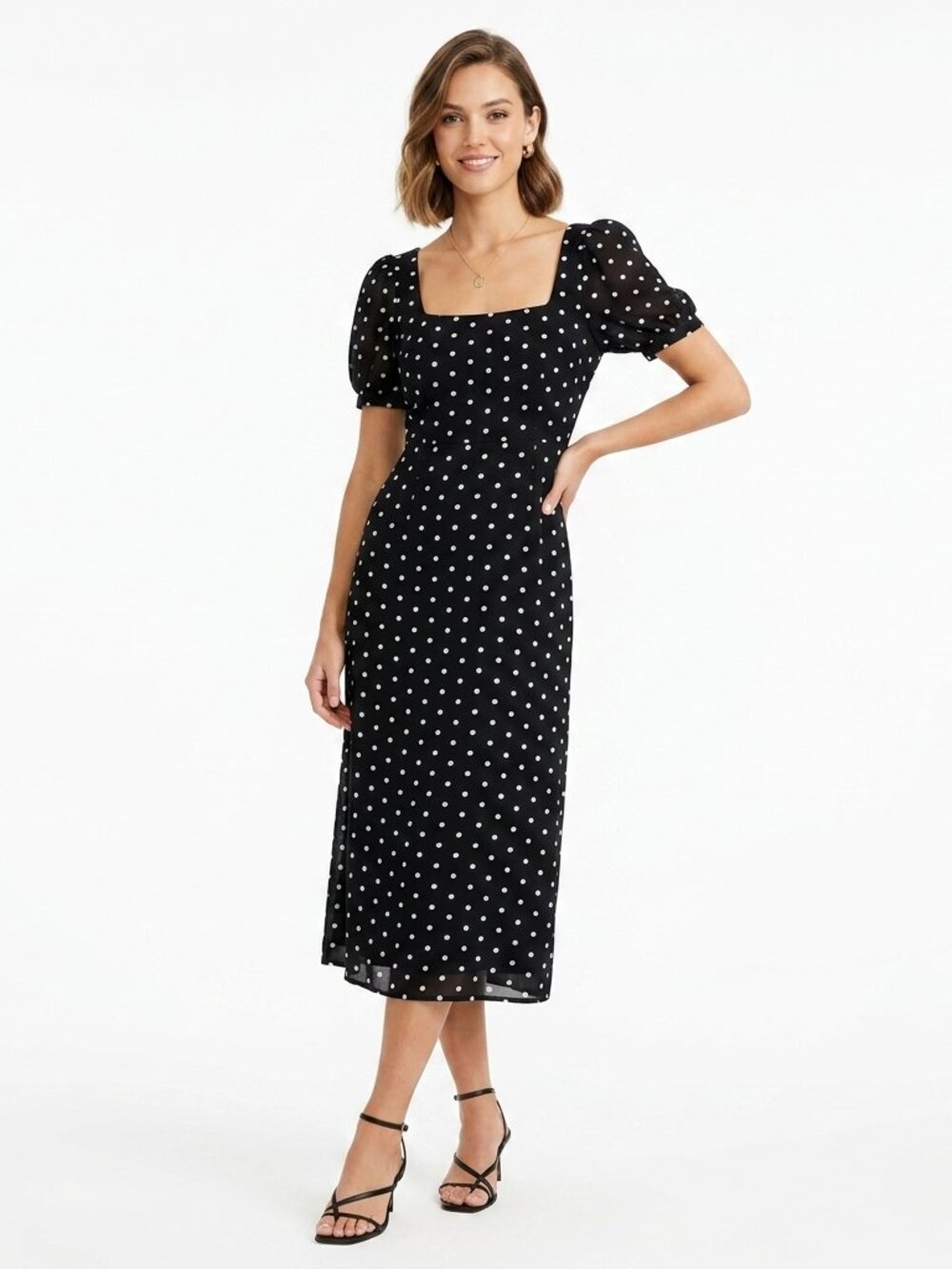 Forever 21 Polka Dot Midi Dress Women M Square Neck Fit & Flare